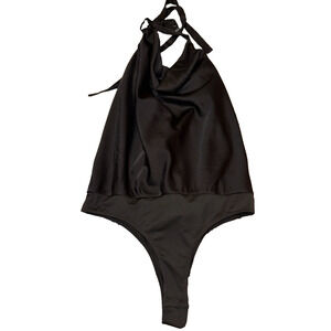 Womens Mustard Seed Black Satin Halter Cowl Tie Neck Bodysuit LARGE One Piece
